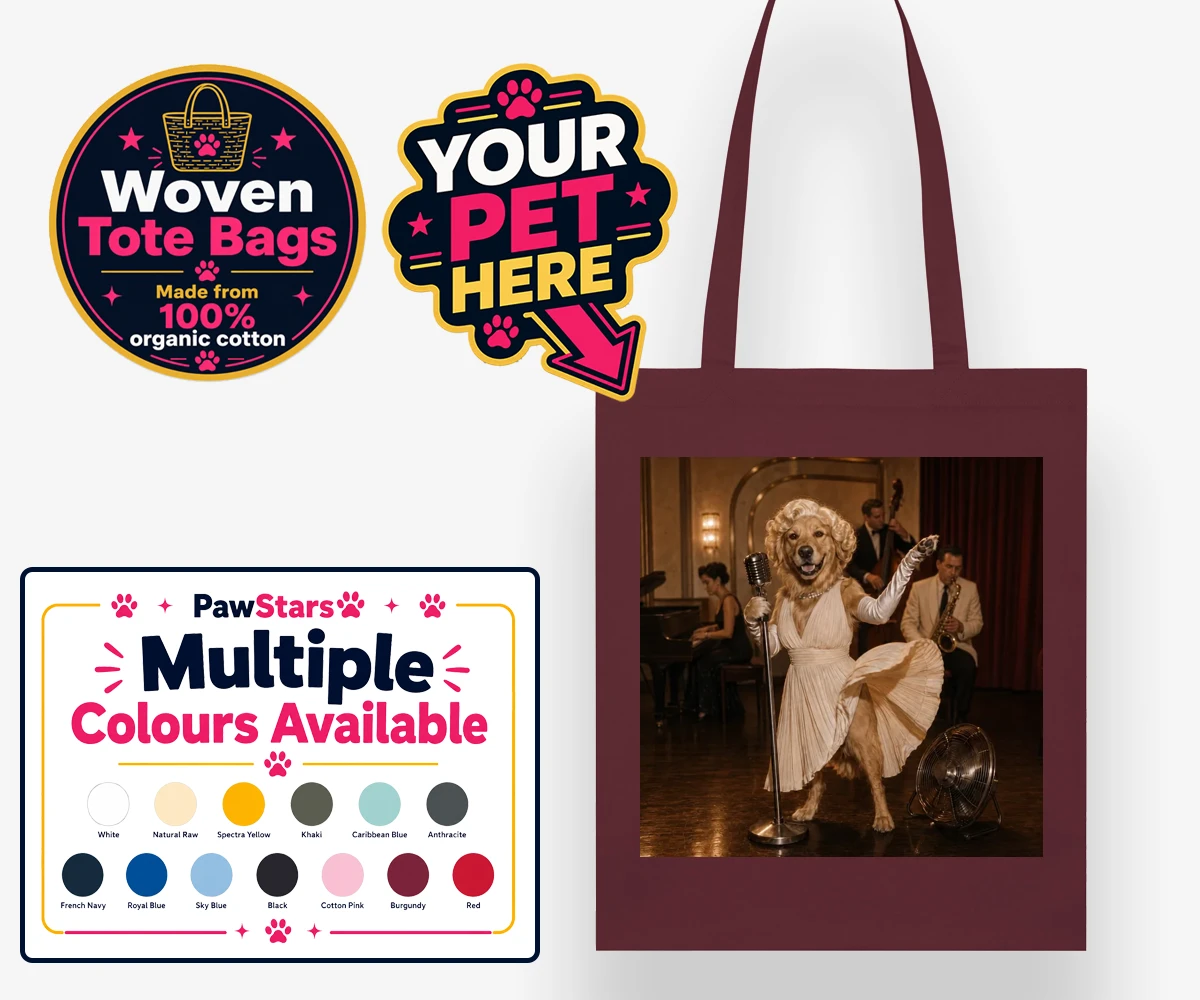 Personalised woven tote bag featuring The Hollywood Blonde dog in a vintage gown with glamorous curls
