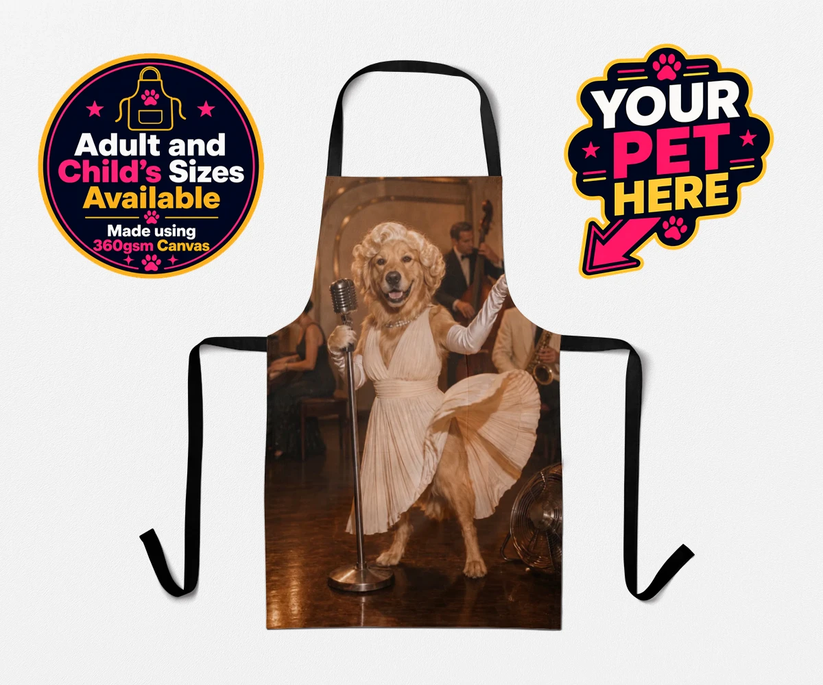 Personalised apron featuring The Hollywood Blonde dog in a vintage gown with glamorous curls
