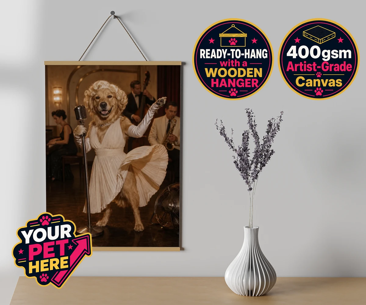 Personalised canvas poster print of The Hollywood Blonde dog dressed in vintage gown and accessories