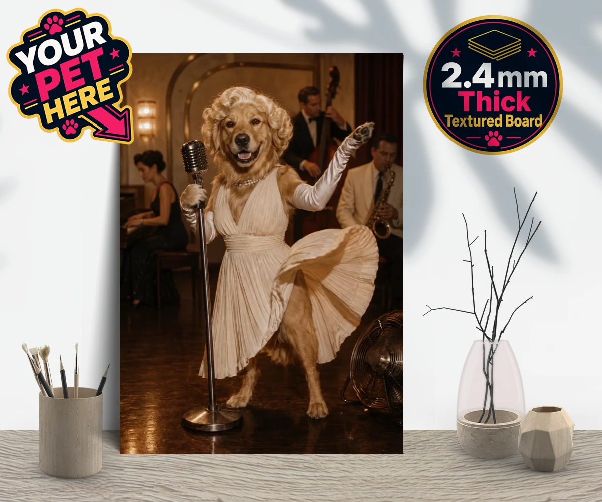 Personalised gallery board featuring The Hollywood Blonde dog in a vintage gown and curls