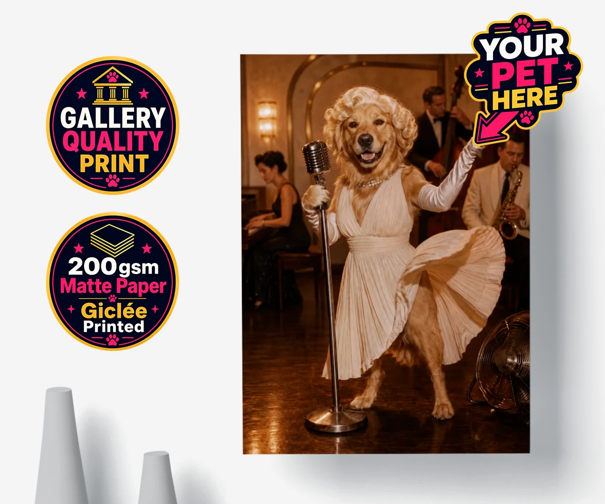 Personalised poster print featuring The Hollywood Blonde dog in a vintage gown
