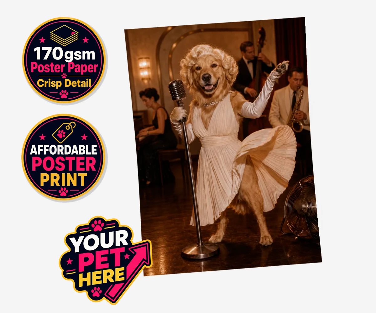Personalised poster print of The Hollywood Blonde dog in a vintage gown with glamorous curls