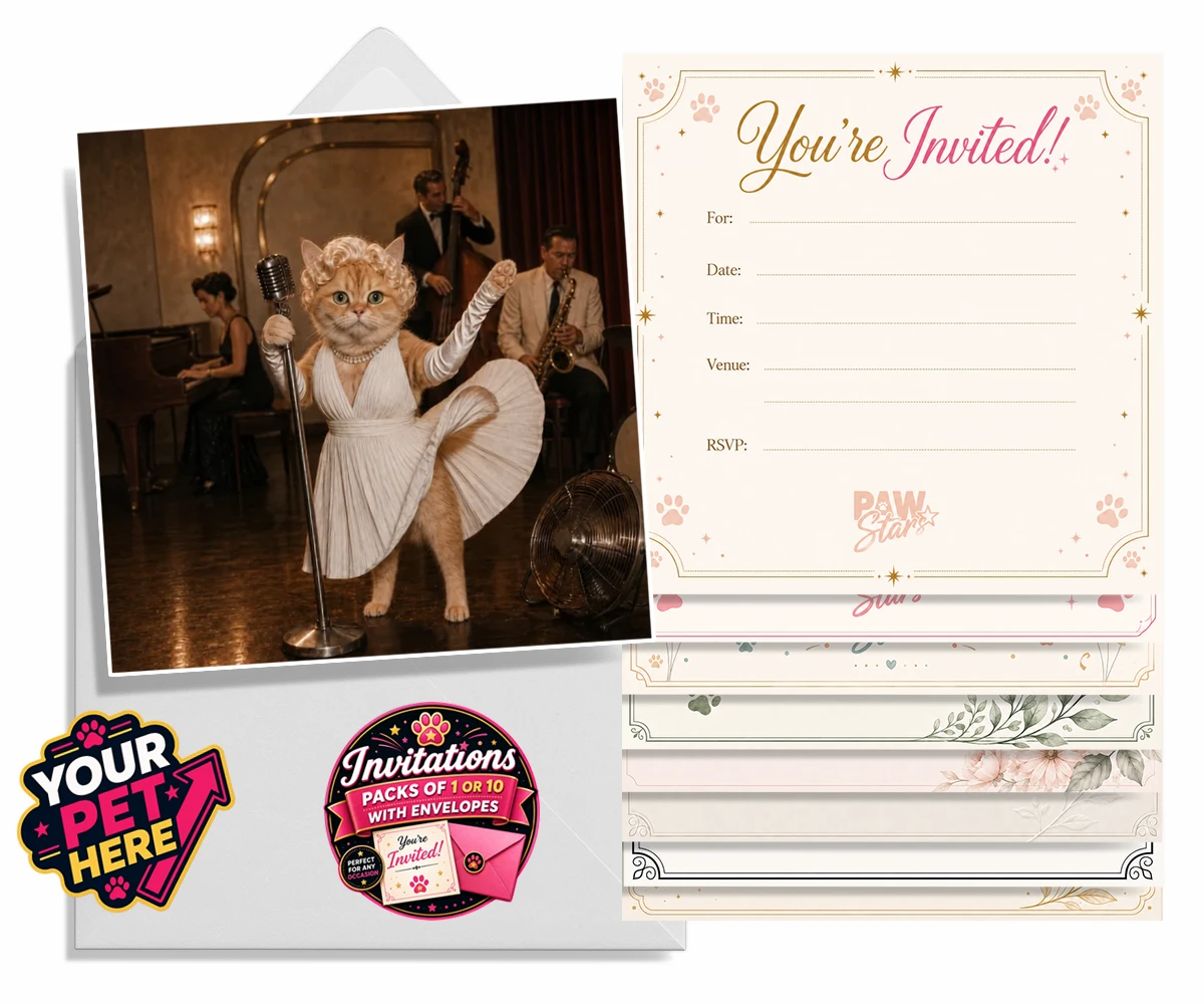 Personalised The Hollywood Blonde cat invitations featuring step into the glitz and glamour of old Hollywood with "The Hollywood B