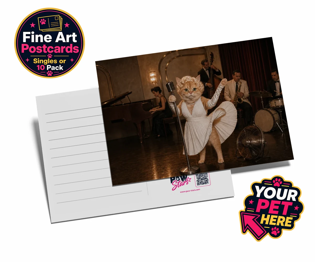 Personalised The Hollywood Blonde cat postcards featuring step into the glitz and glamour of old Hollywood with "The Hollywood B
