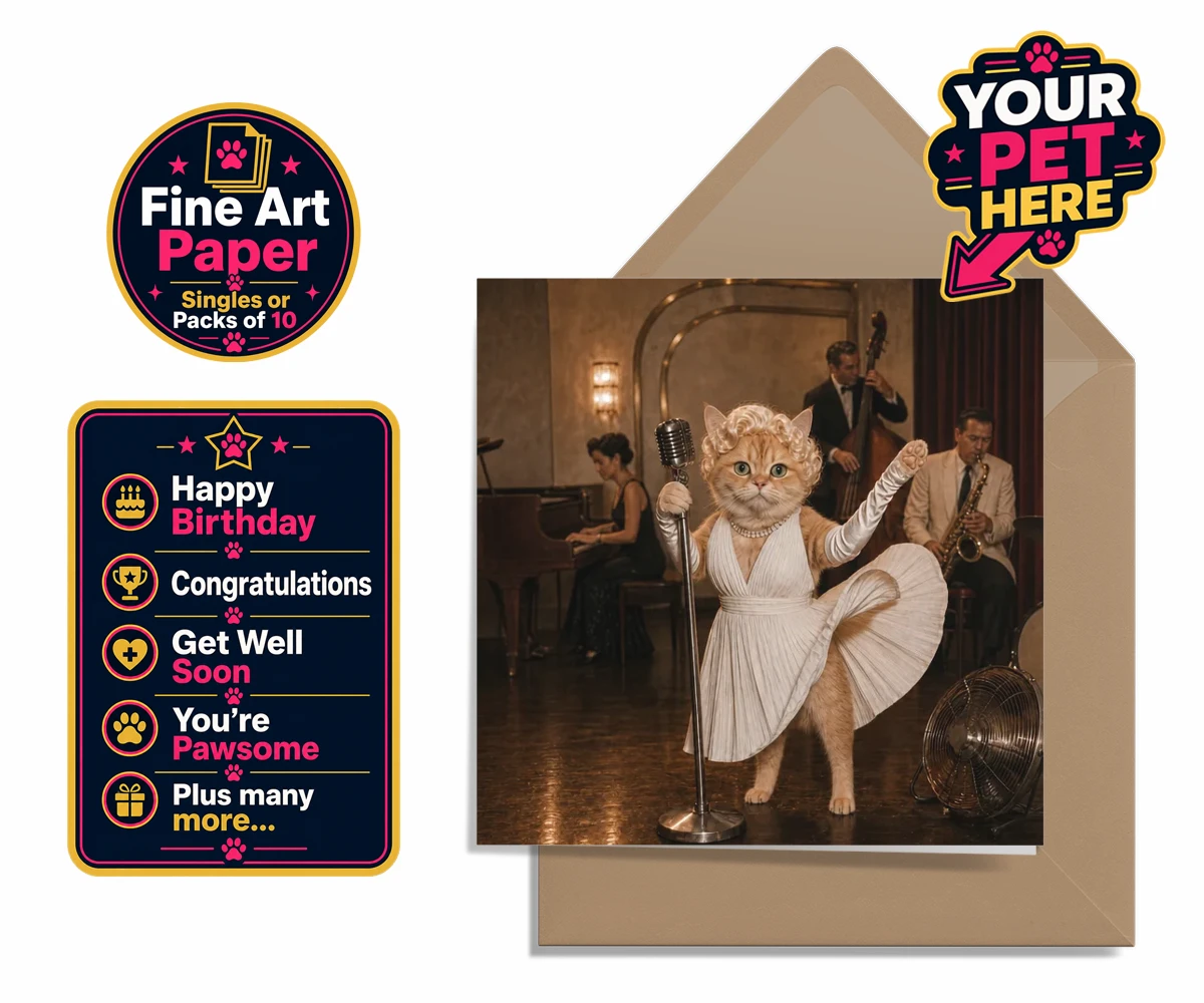 Personalised The Hollywood Blonde cat premium greetings cards featuring step into the glitz and glamour of old Hollywood with "The Hollywood B