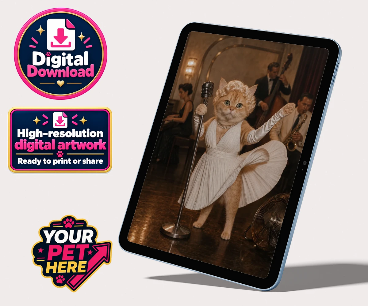 Personalised The Hollywood Blonde cat personalised digital downloads featuring step into the glitz and glamour of old Hollywood with "The Hollywood B