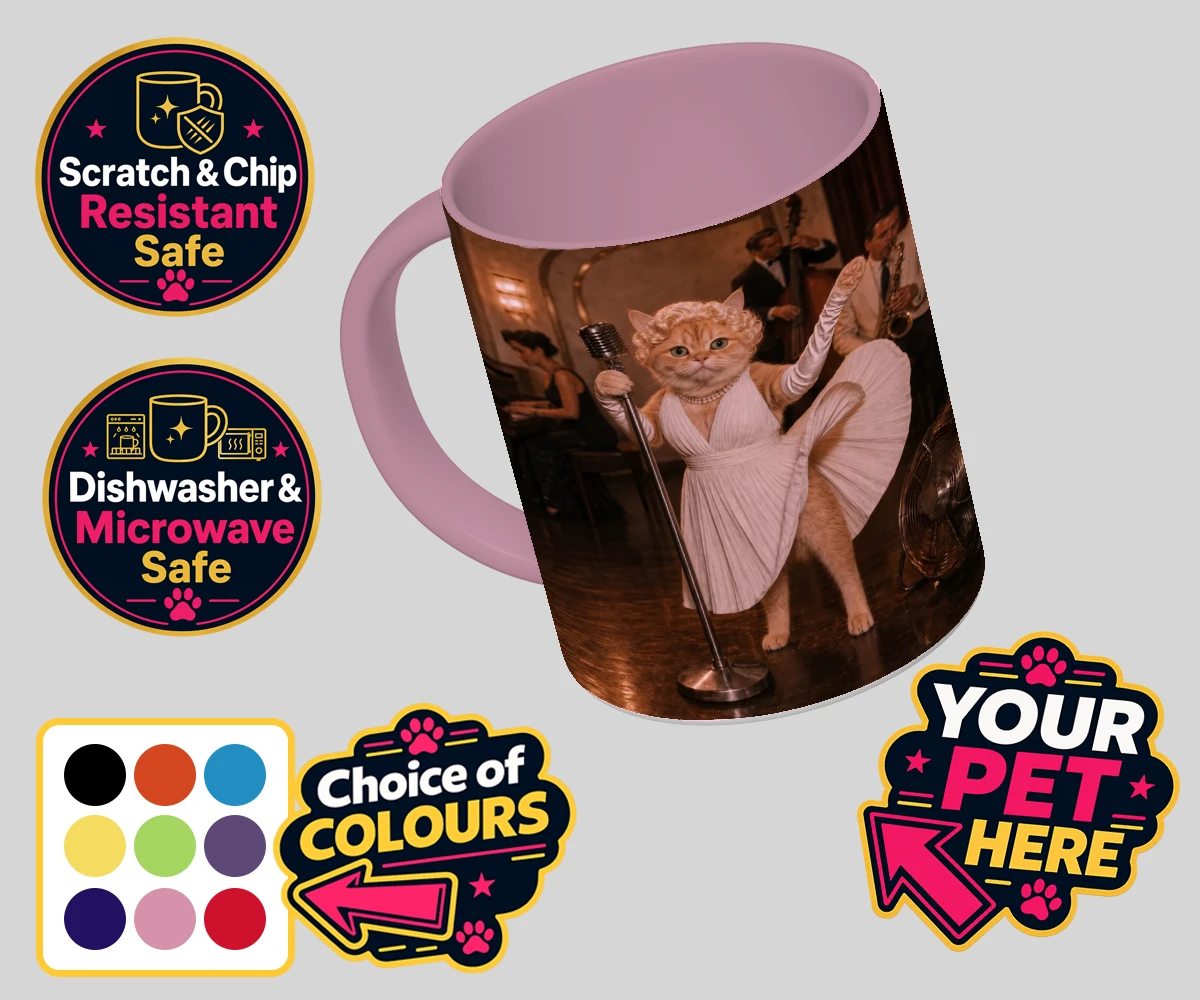 Personalised The Hollywood Blonde cat coloured photo mugs featuring step into the glitz and glamour of old Hollywood with "The Hollywood B