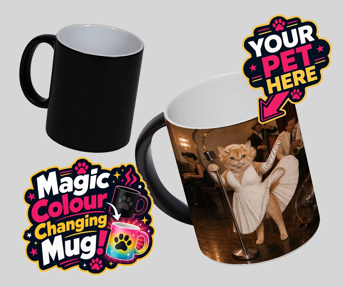 Personalised The Hollywood Blonde cat magic photo mugs featuring step into the glitz and glamour of old Hollywood with "The Hollywood B