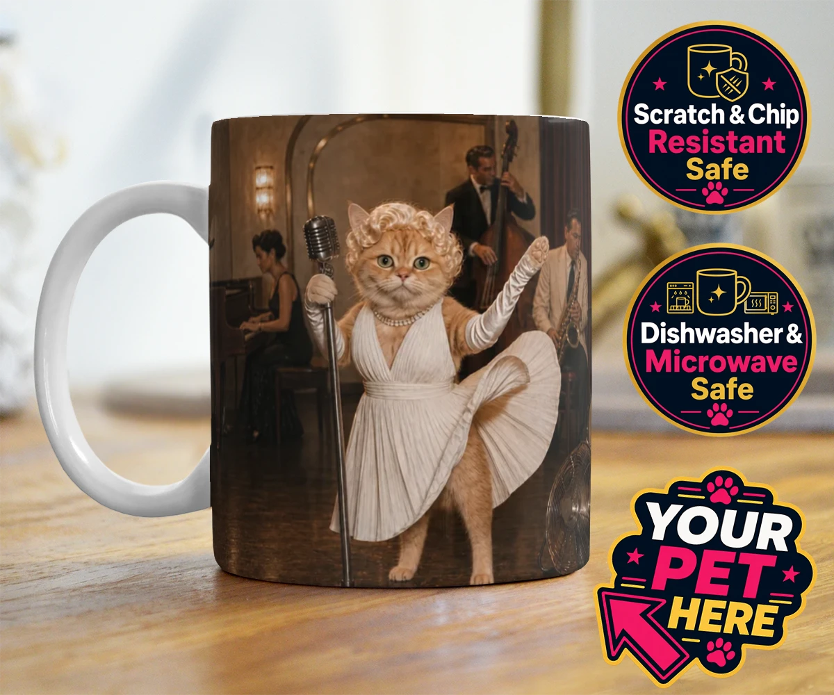 Personalised The Hollywood Blonde cat photo mugs featuring step into the glitz and glamour of old Hollywood with "The Hollywood B
