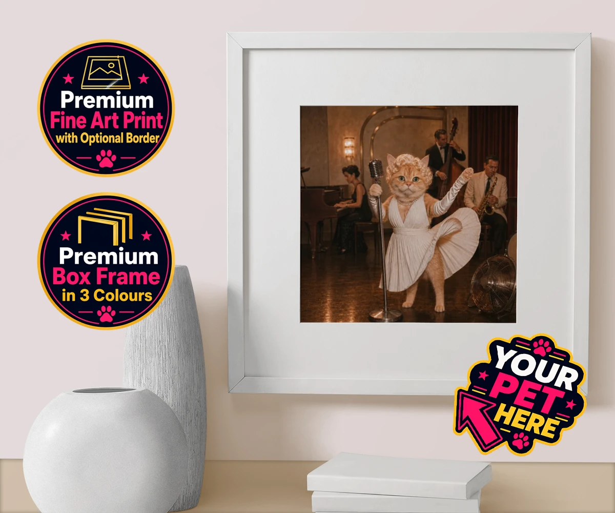 Personalised The Hollywood Blonde cat box framed print featuring step into the glitz and glamour of old Hollywood with "The Hollywood B