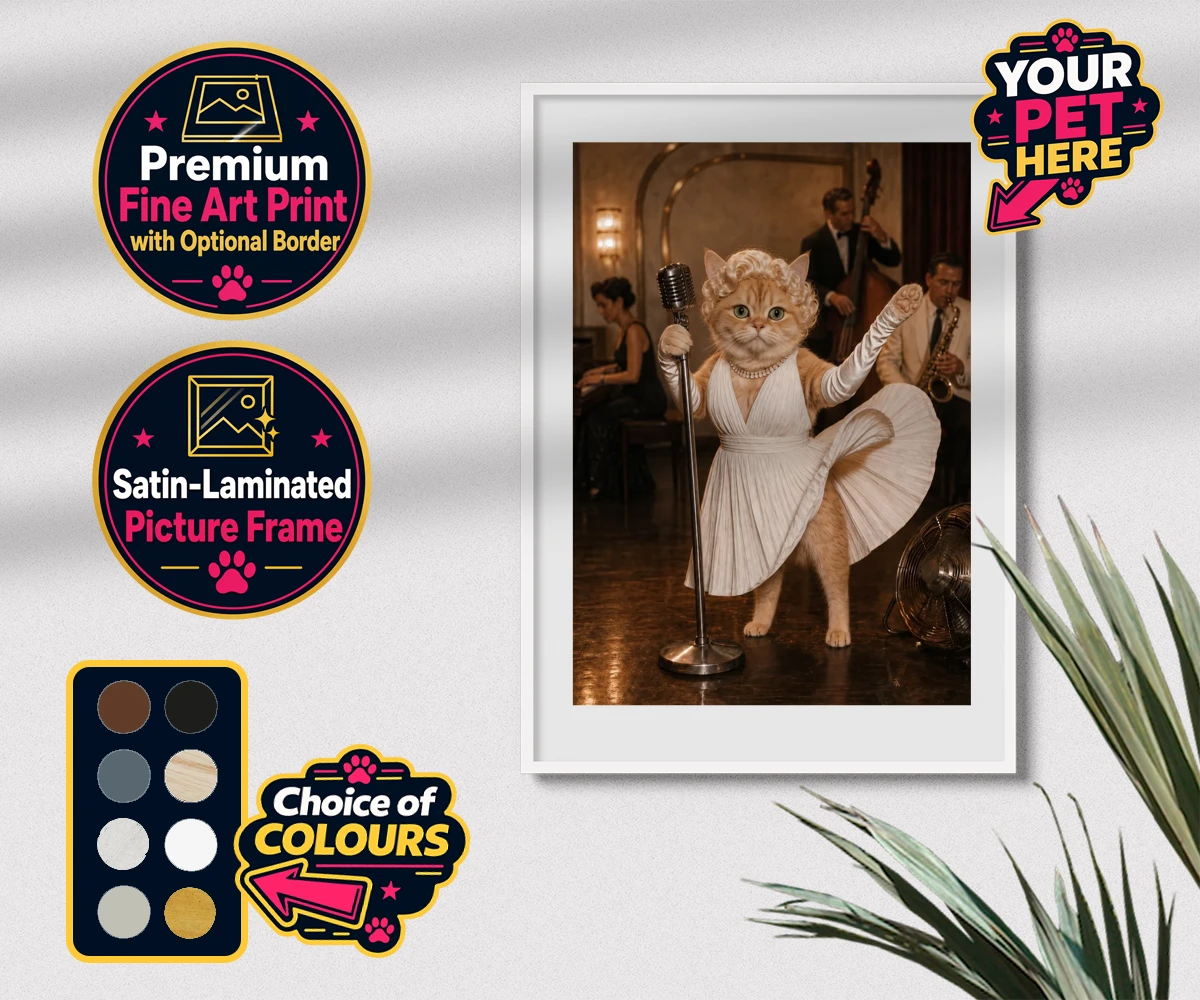 Personalised The Hollywood Blonde cat premium framed print featuring step into the glitz and glamour of old Hollywood with "The Hollywood B