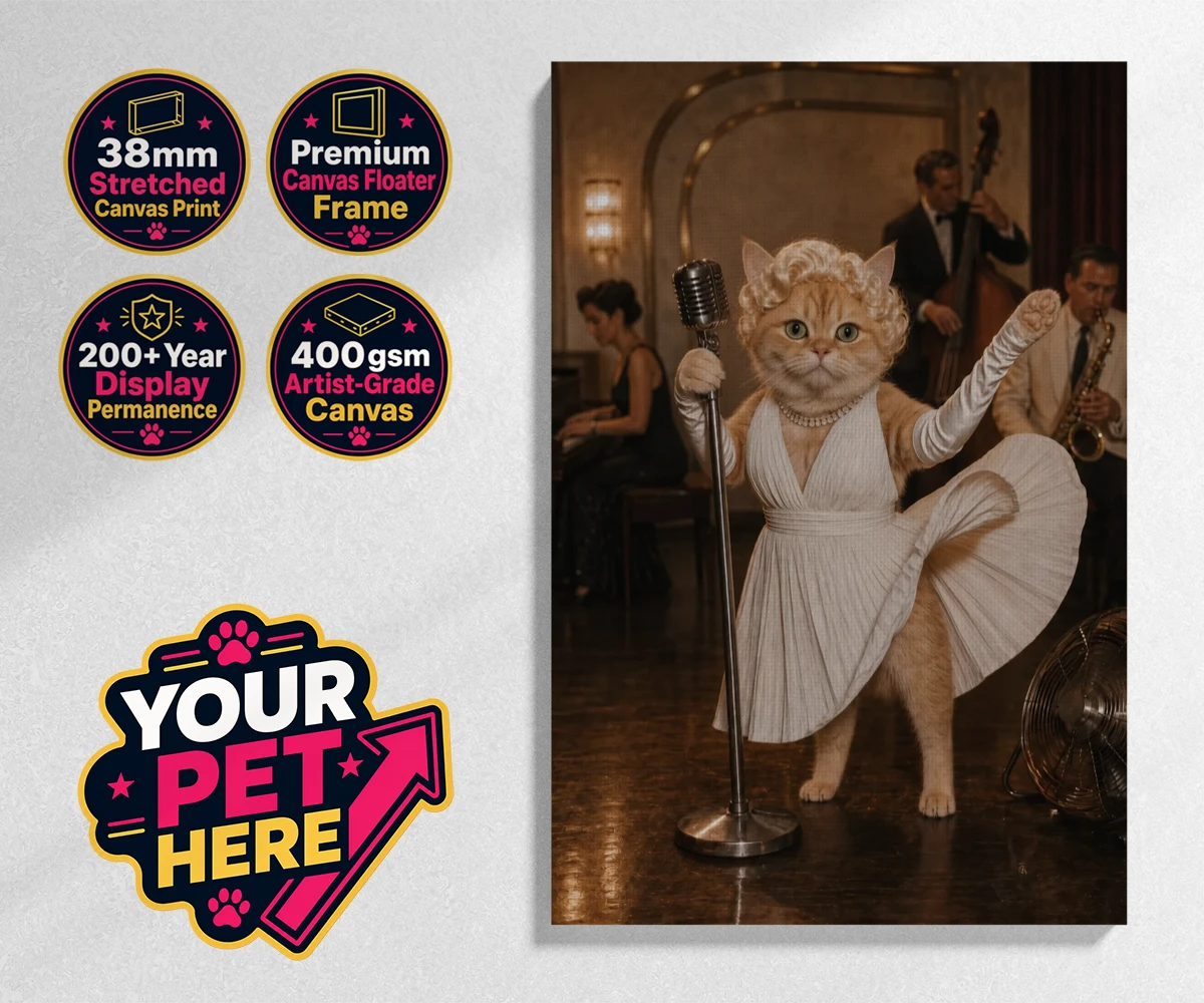 Personalised The Hollywood Blonde cat stretched canvas print featuring step into the glitz and glamour of old Hollywood with "The Hollywood B