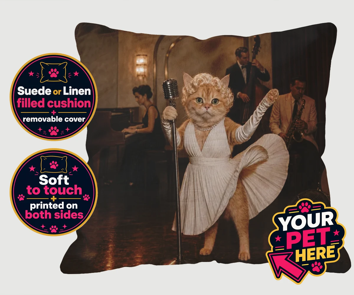 Personalised The Hollywood Blonde cat linen / suede cushions featuring step into the glitz and glamour of old Hollywood with "The Hollywood B