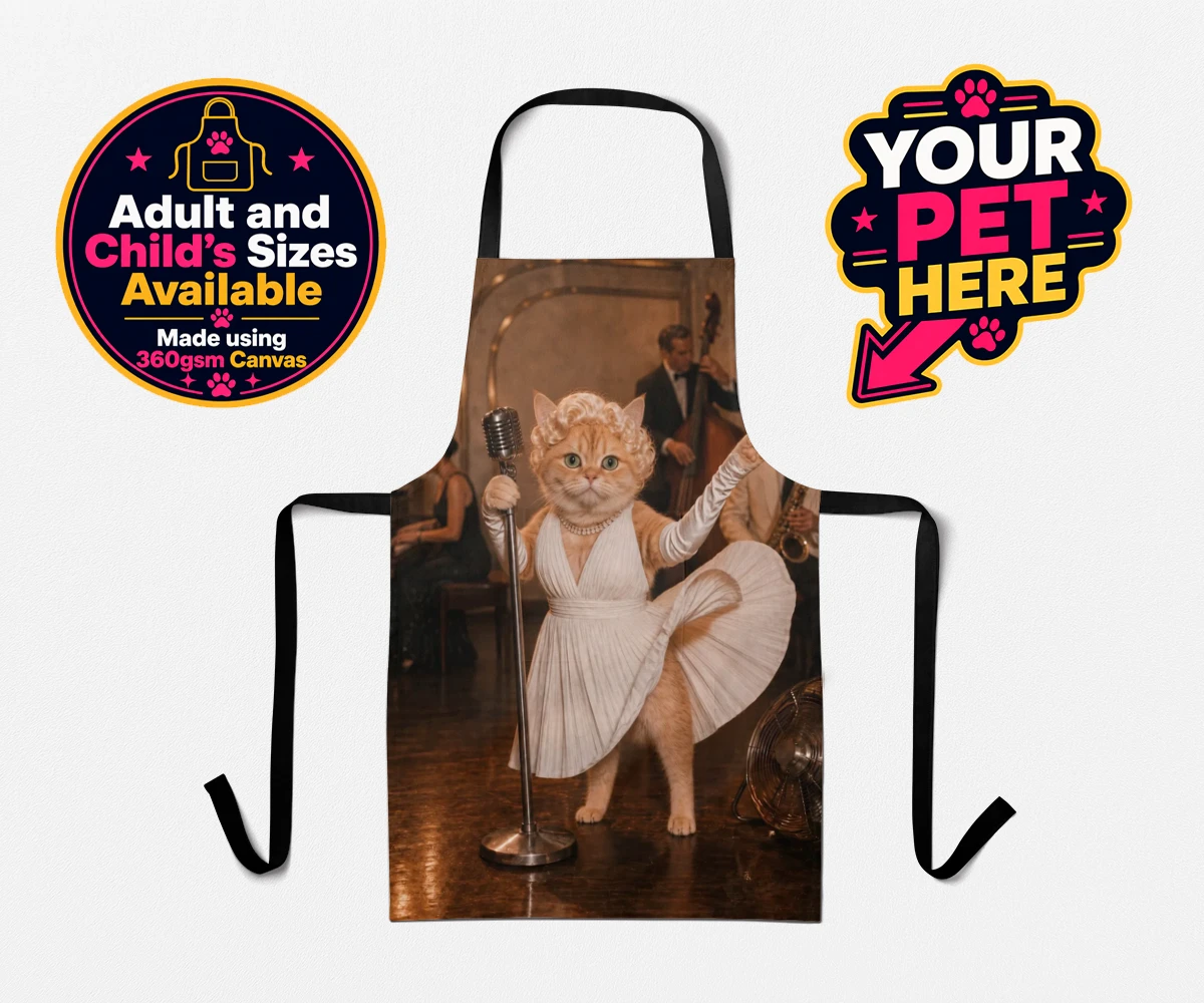 Personalised The Hollywood Blonde cat aprons featuring step into the glitz and glamour of old Hollywood with "The Hollywood B
