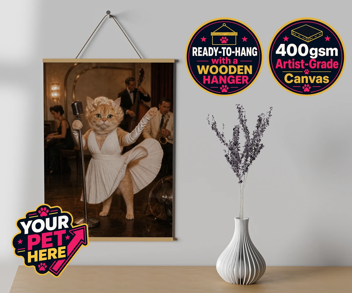 Personalised The Hollywood Blonde cat canvas poster prints with hanger featuring step into the glitz and glamour of old Hollywood with "The Hollywood B