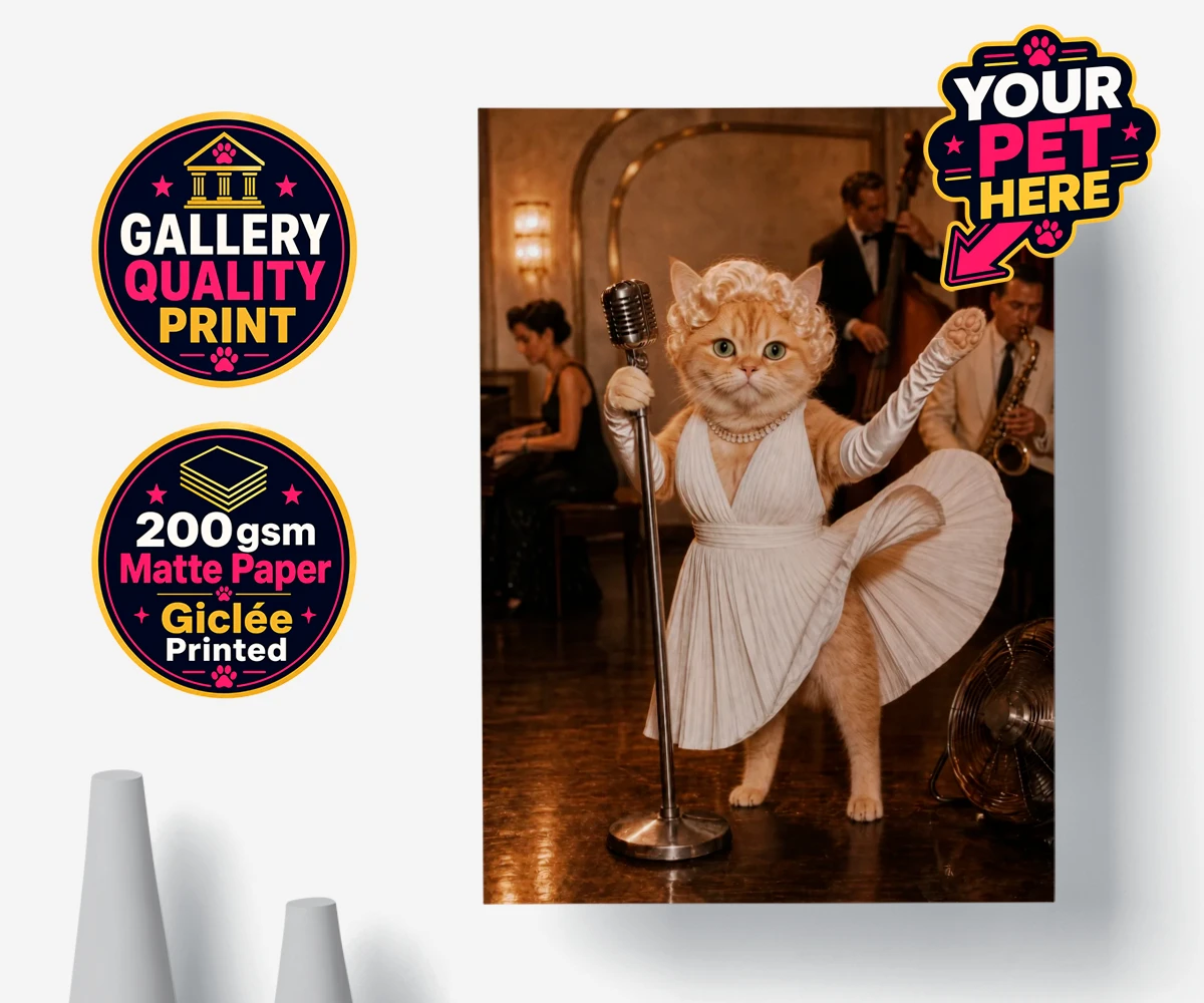 Personalised The Hollywood Blonde cat fine art poster print featuring step into the glitz and glamour of old Hollywood with "The Hollywood B