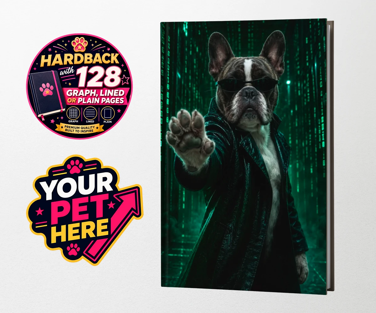 Personalised hardback notebook featuring The Pawtrix dog in a black coat and sunglasses