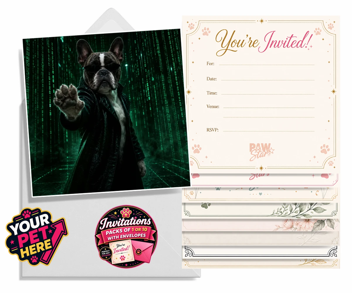 Personalised invitations featuring The Pawtrix dog character in a black coat and sunglasses