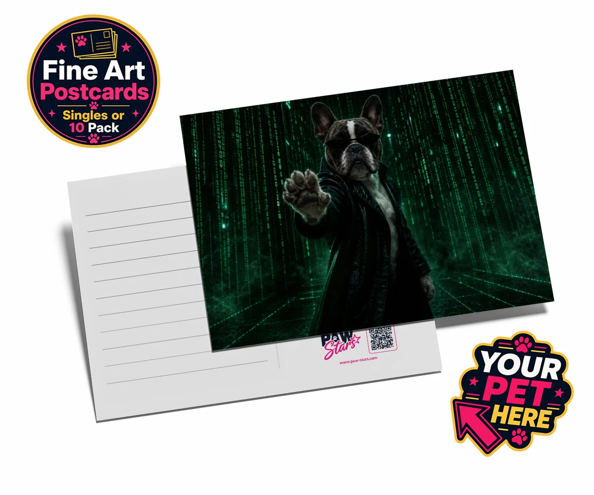 Personalised Pawtrix dog postcard featuring a dapper dog in a black coat and sunglasses
