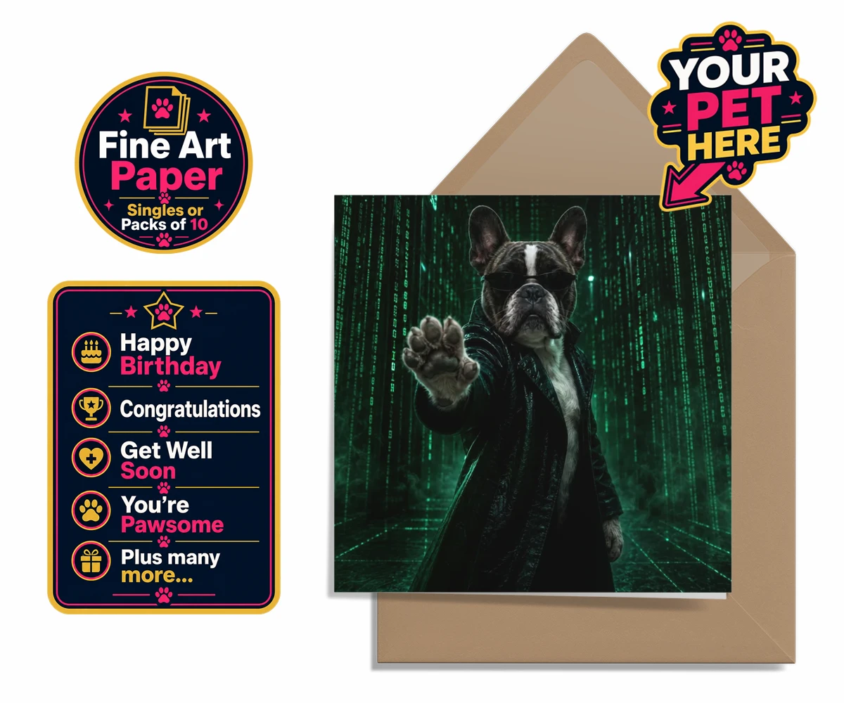 Personalised greetings card depicting The Pawtrix, a dog in a black coat and sunglasses