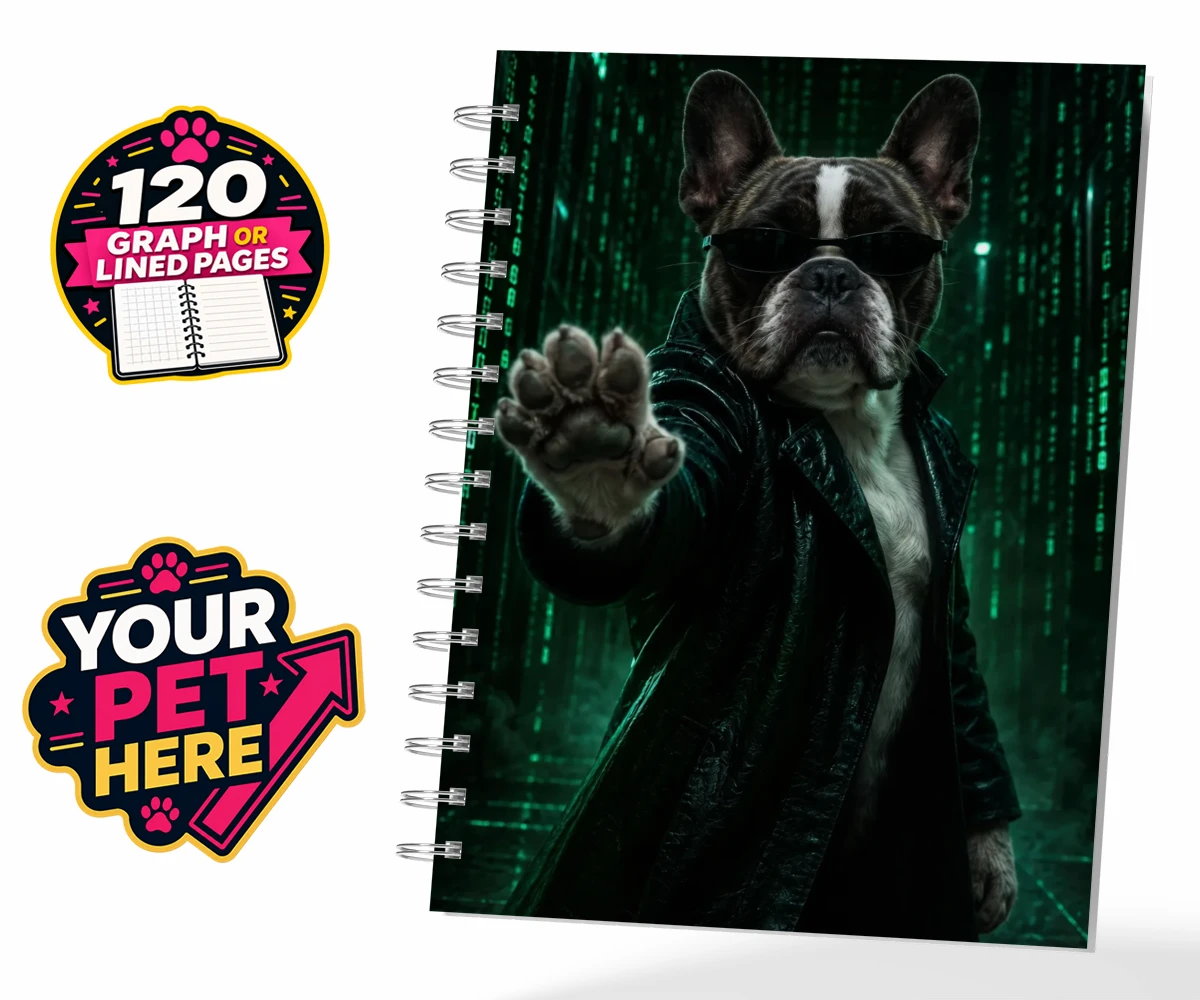 Personalised spiral notebook featuring The Pawtrix dog character in stylish sunglasses and a black coat
