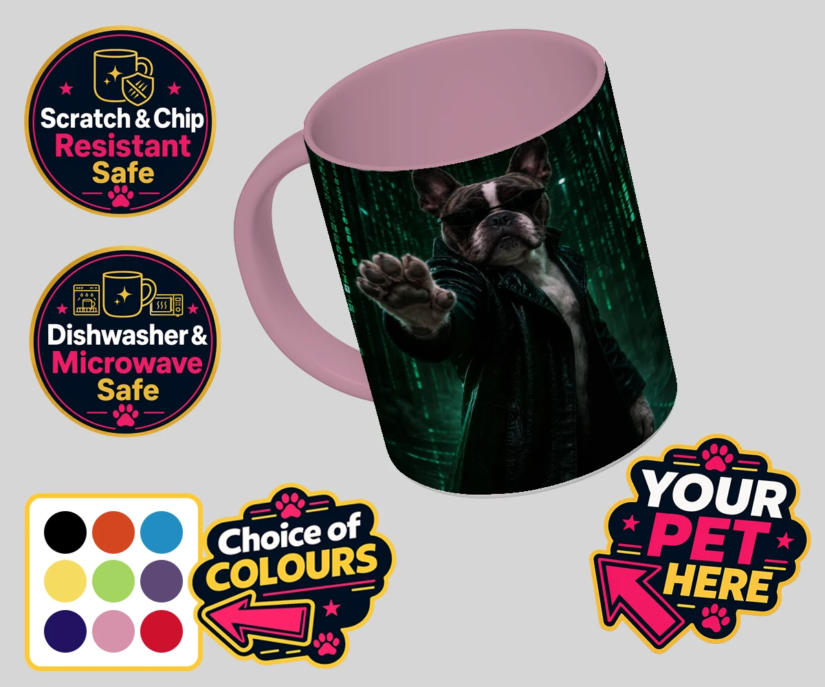 Personalised mug featuring The Pawtrix dog in sunglasses and a black coat against a digital backdrop