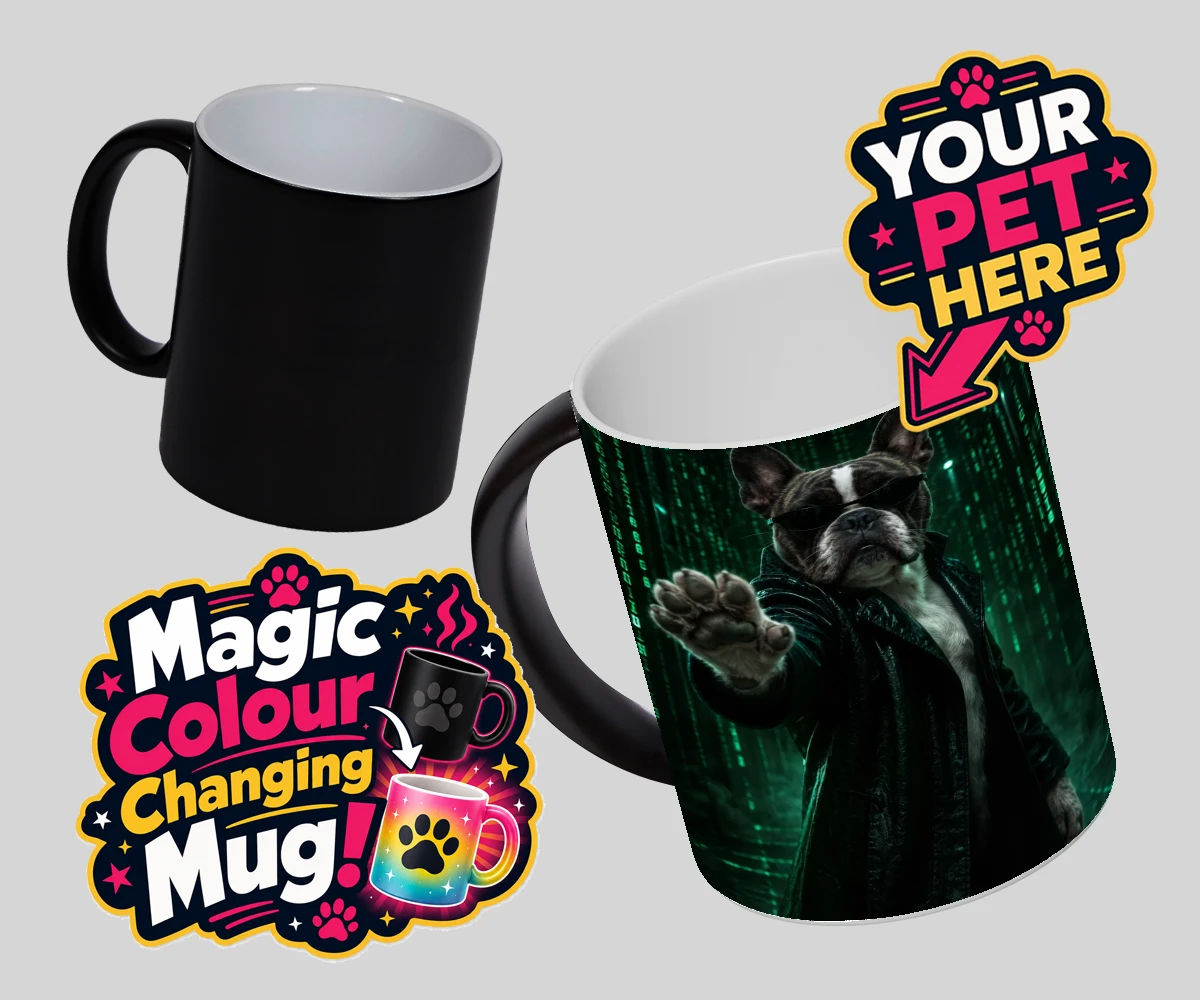 Personalised magic photo mug featuring The Pawtrix dog in a black coat and sunglasses