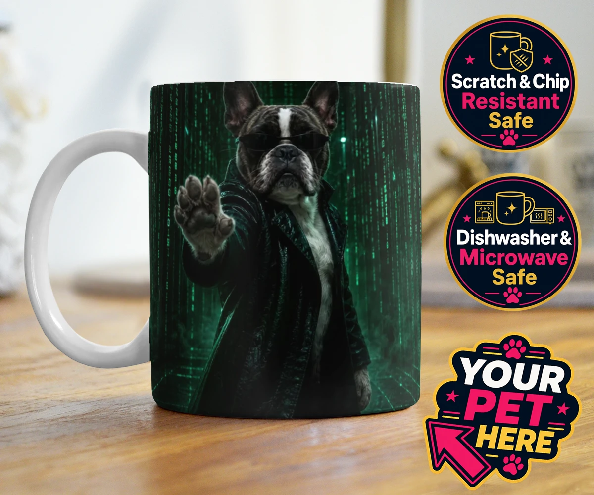 Personalised mug featuring The Pawtrix, a dog in a black coat and sunglasses against a mystical background