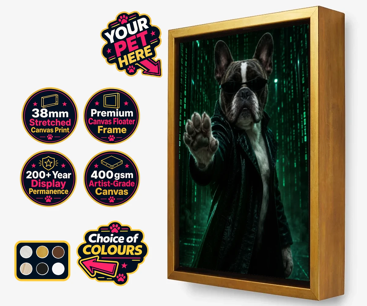 Personalised framed canvas print featuring The Pawtrix dog in a black coat with sunglasses
