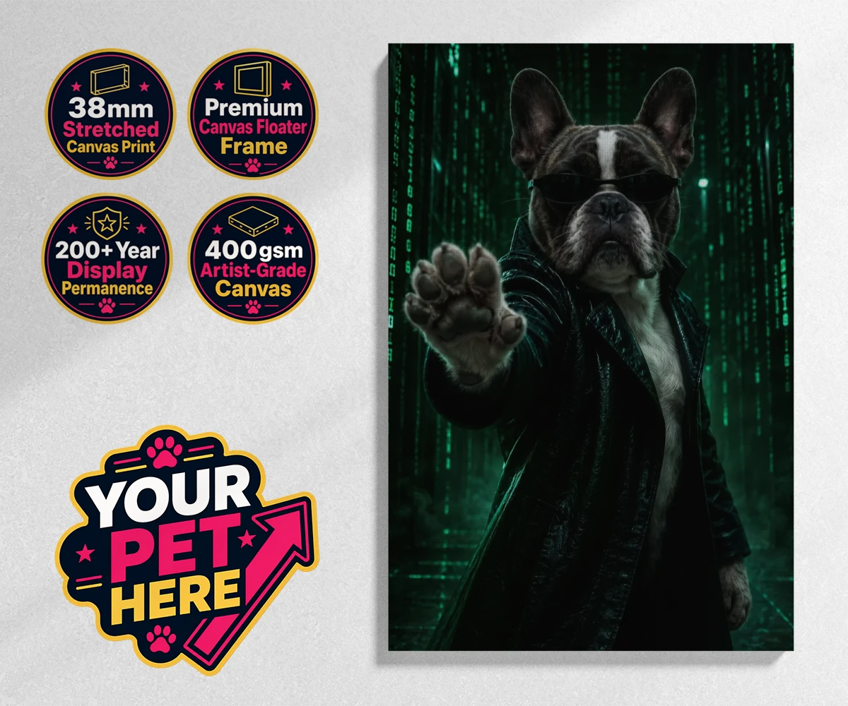 Personalised stretched canvas print of The Pawtrix, a dog in a black coat and sunglasses against a mystical background.