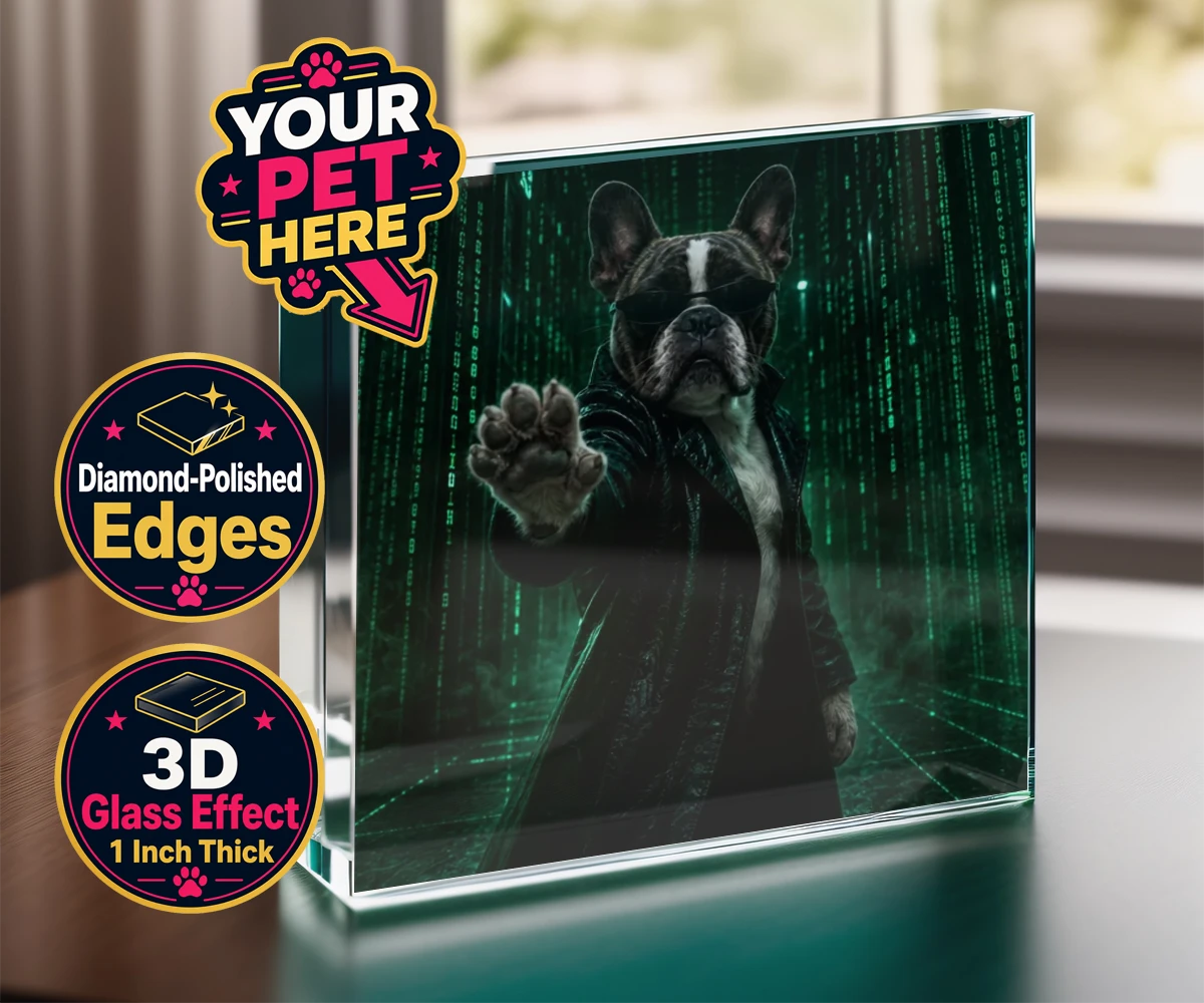 Personalised acrylic prism of The Pawtrix dog character in a black coat and sunglasses