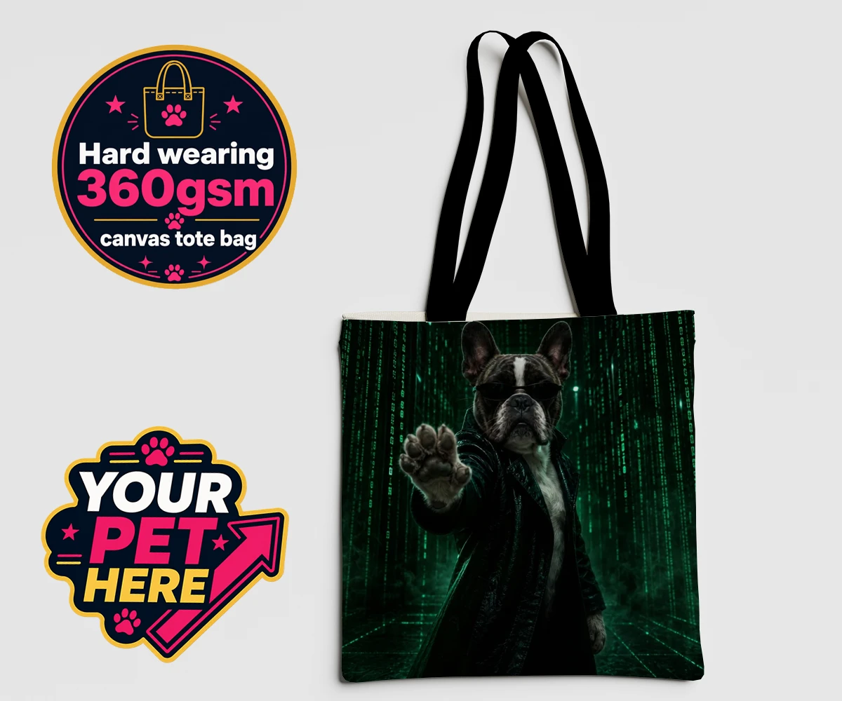 Personalised tote bag featuring The Pawtrix dog wearing sunglasses and a black coat