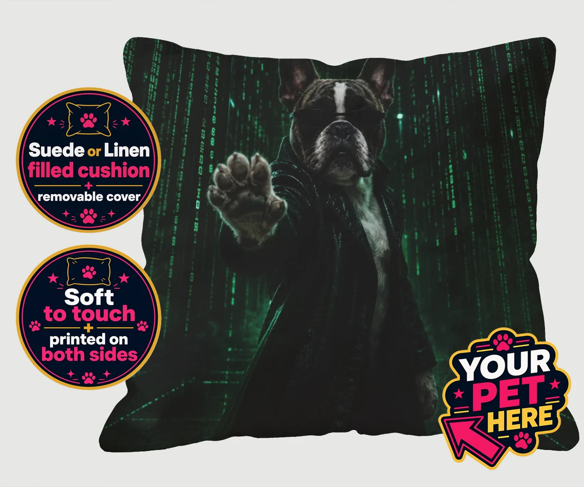The Pawtrix dog cushion featuring a dapper dog in a black coat and sunglasses