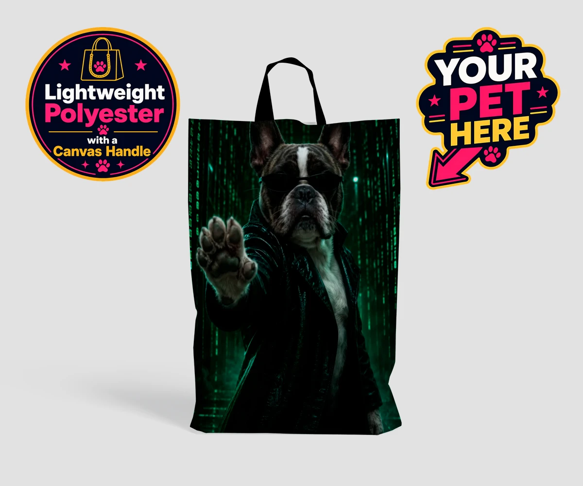 Personalised shopping bag featuring The Pawtrix dog in a black coat and sunglasses