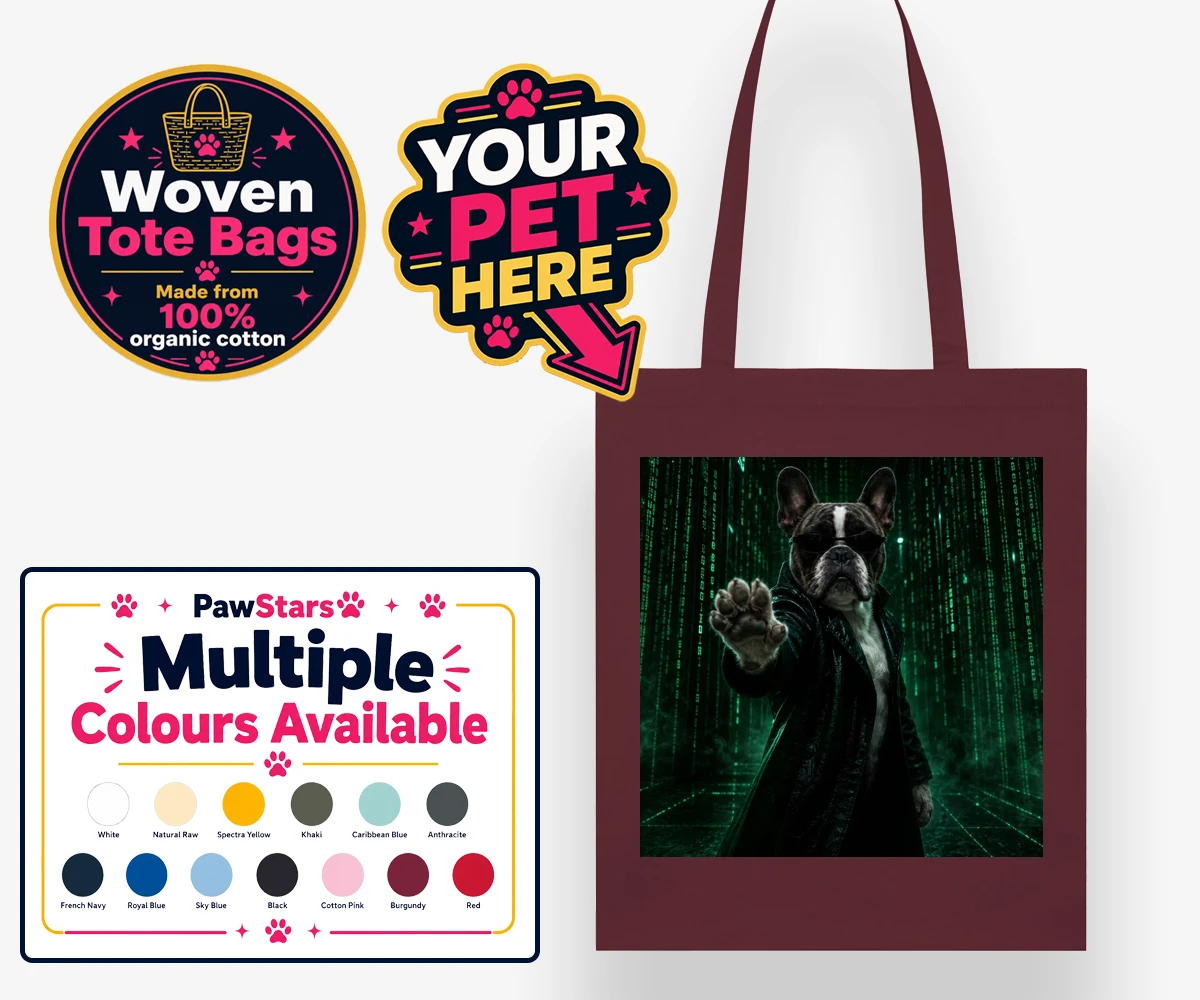 Personalised woven tote bag featuring The Pawtrix dog in a black coat and sunglasses