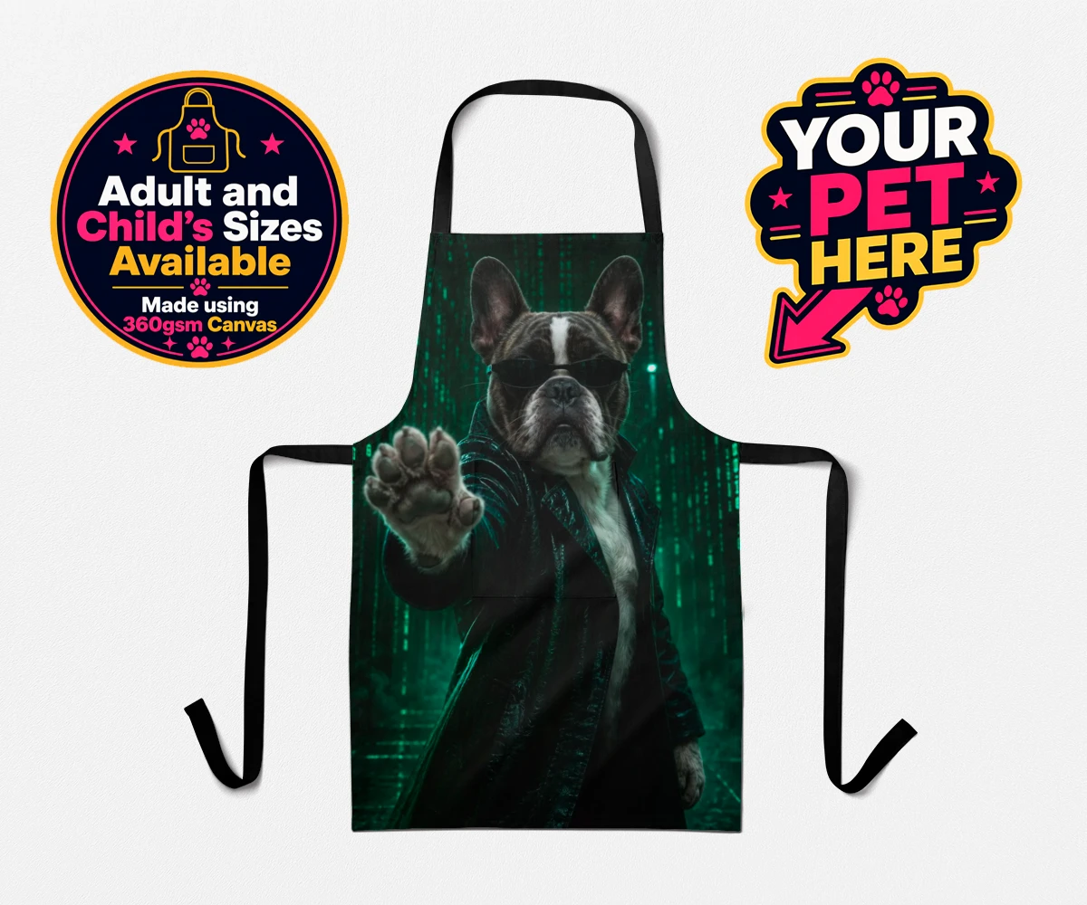 Personalised apron featuring The Pawtrix, a dog in a black coat and sunglasses, against a mystical digital background.