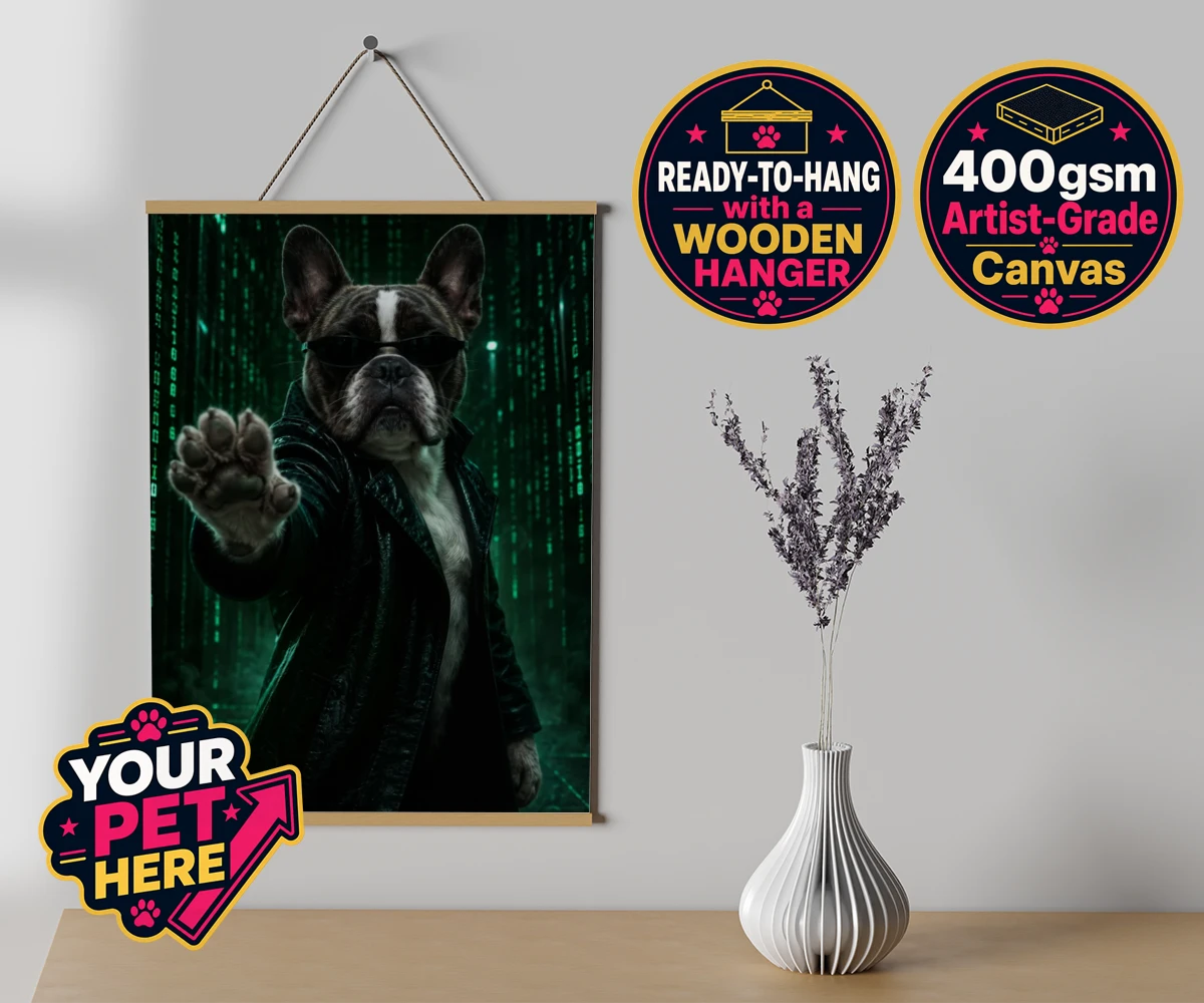 Personalised canvas poster print of The Pawtrix dog in a black coat and sunglasses