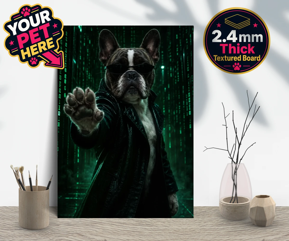 The Pawtrix personalised dog gallery board featuring a dapper dog in a black coat and sunglasses