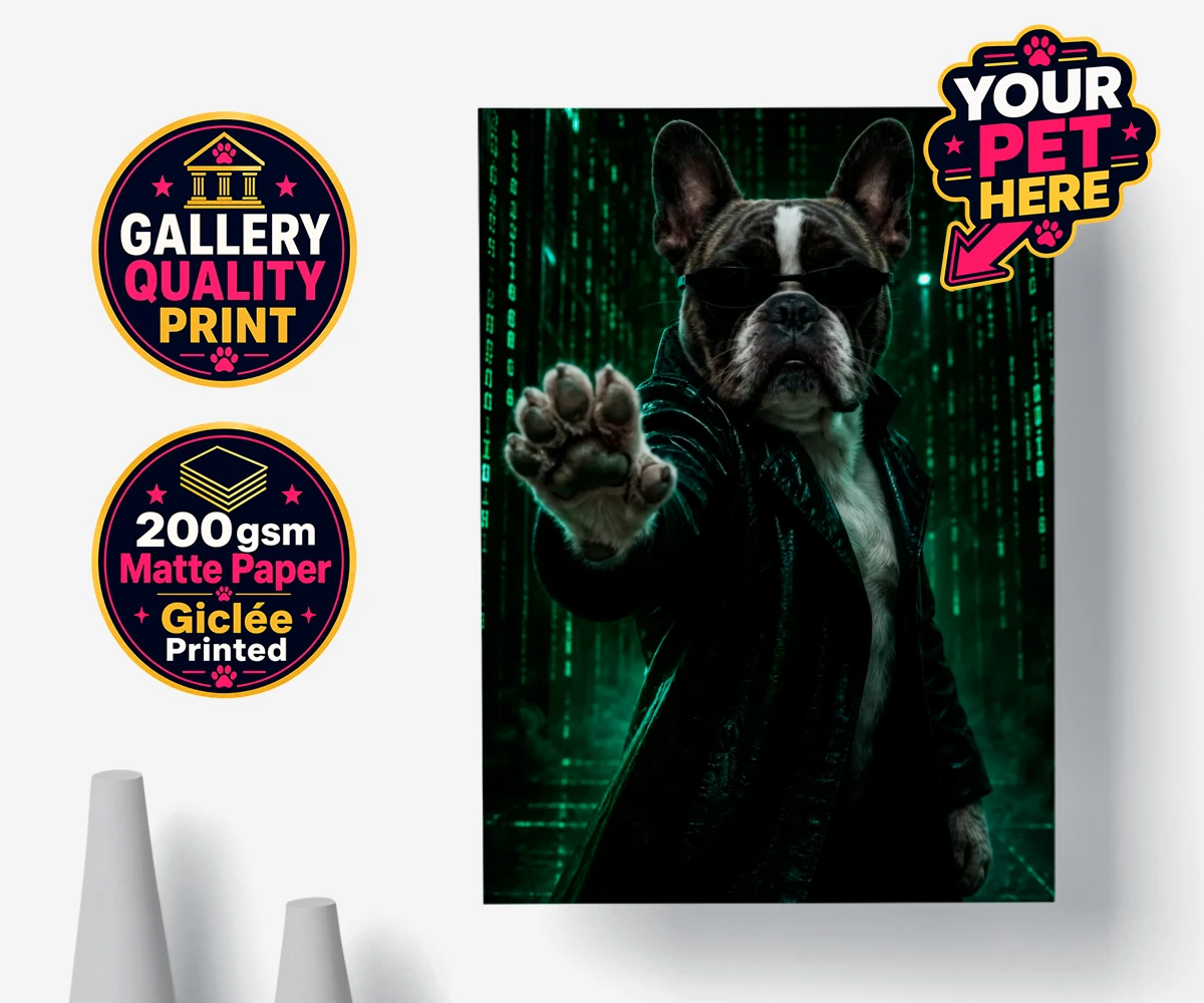 Personalised poster print of The Pawtrix, a dog in a black coat and sunglasses, against a mystical digital backdrop