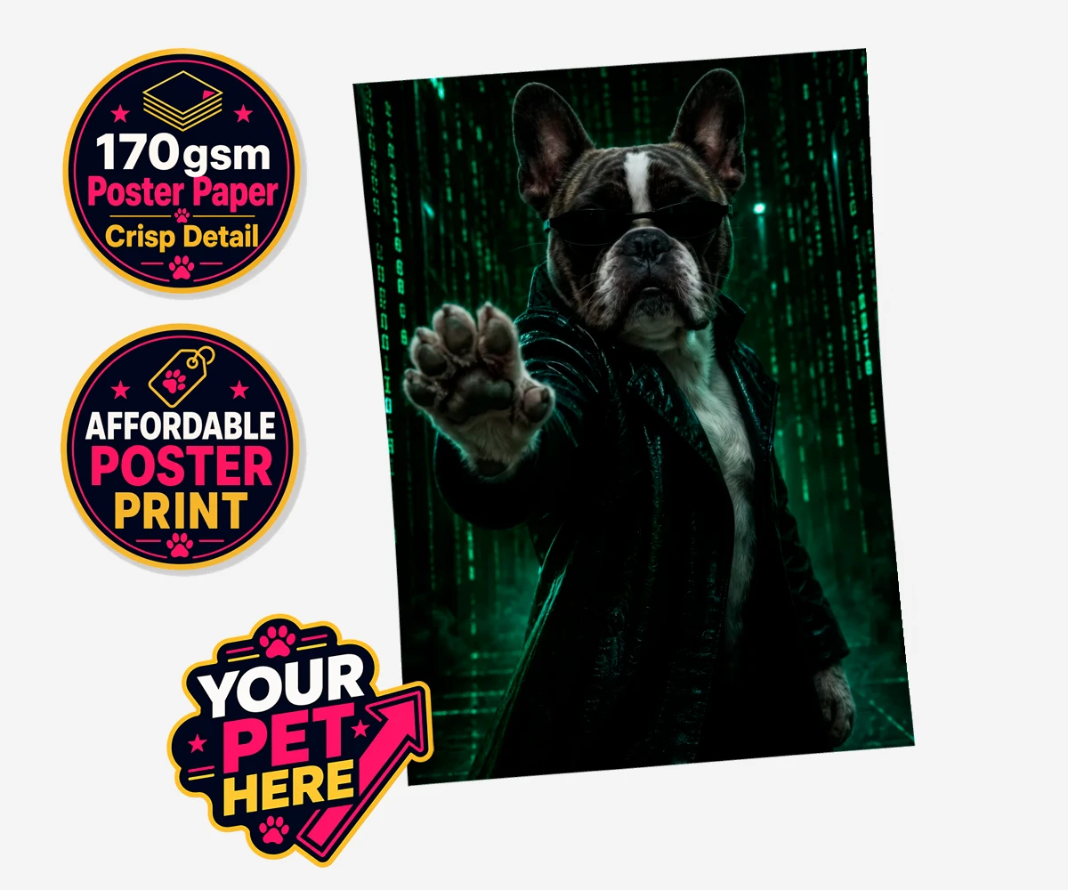 Personalised poster print of The Pawtrix, dog character wearing sunglasses and a black coat against a mystical backdrop.