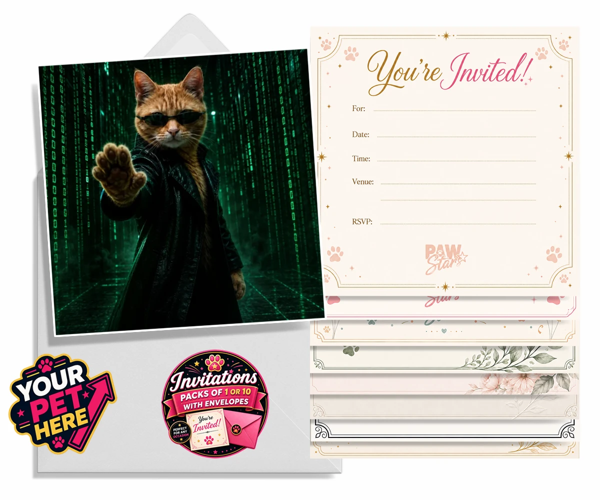 Personalised The Pawtrix cat invitations featuring step into a world where feline charm meets Hollywood glamour with The