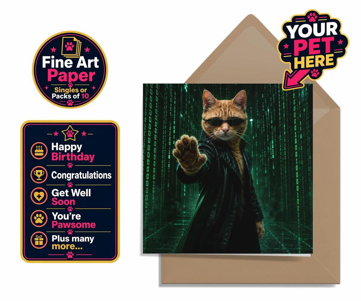 Personalised The Pawtrix cat premium greetings cards featuring step into a world where feline charm meets Hollywood glamour with The