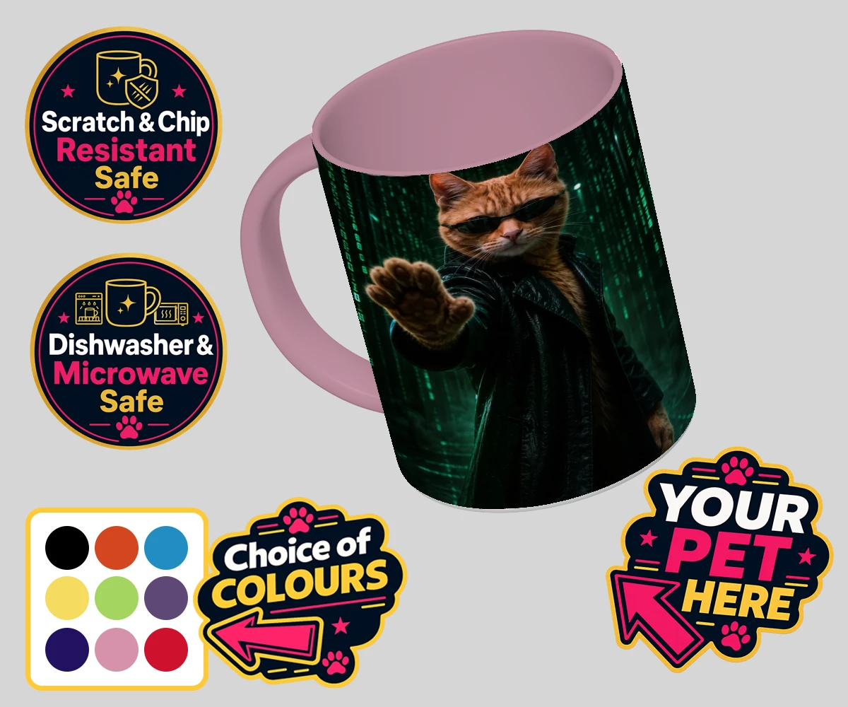 Personalised The Pawtrix cat coloured photo mugs featuring step into a world where feline charm meets Hollywood glamour with The