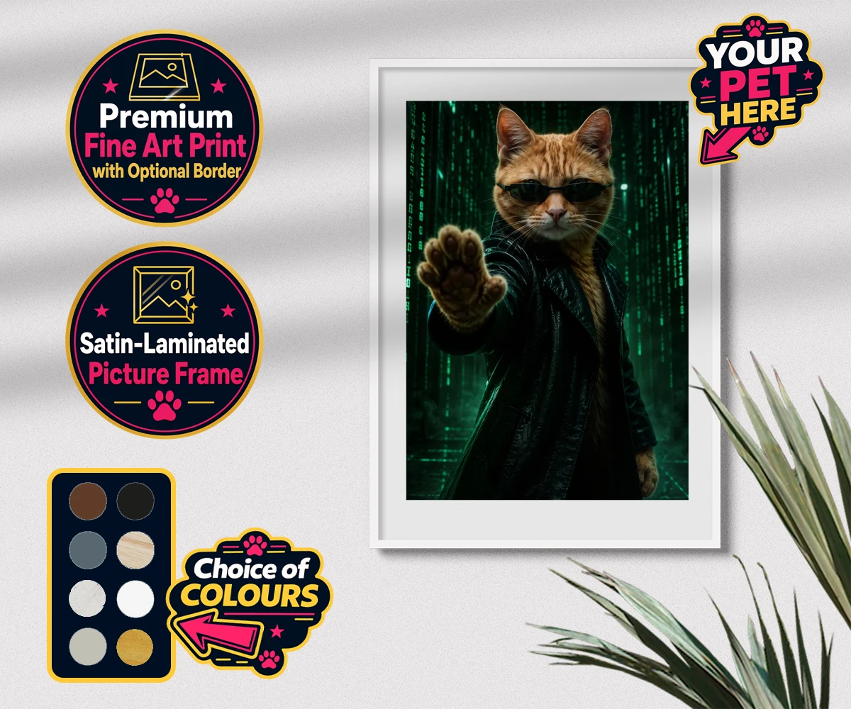 Personalised The Pawtrix cat premium framed print featuring step into a world where feline charm meets Hollywood glamour with The