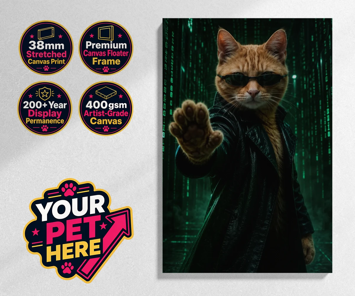 Personalised The Pawtrix cat stretched canvas print featuring step into a world where feline charm meets Hollywood glamour with The