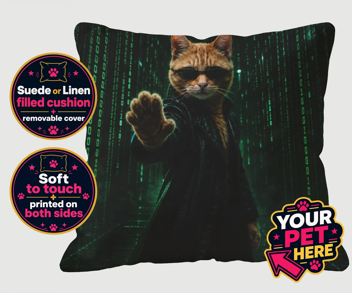 Personalised The Pawtrix cat linen / suede cushions featuring step into a world where feline charm meets Hollywood glamour with The