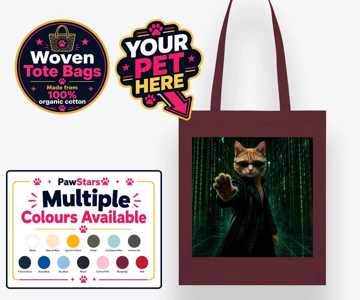 Personalised The Pawtrix cat woven tote bags featuring step into a world where feline charm meets Hollywood glamour with The