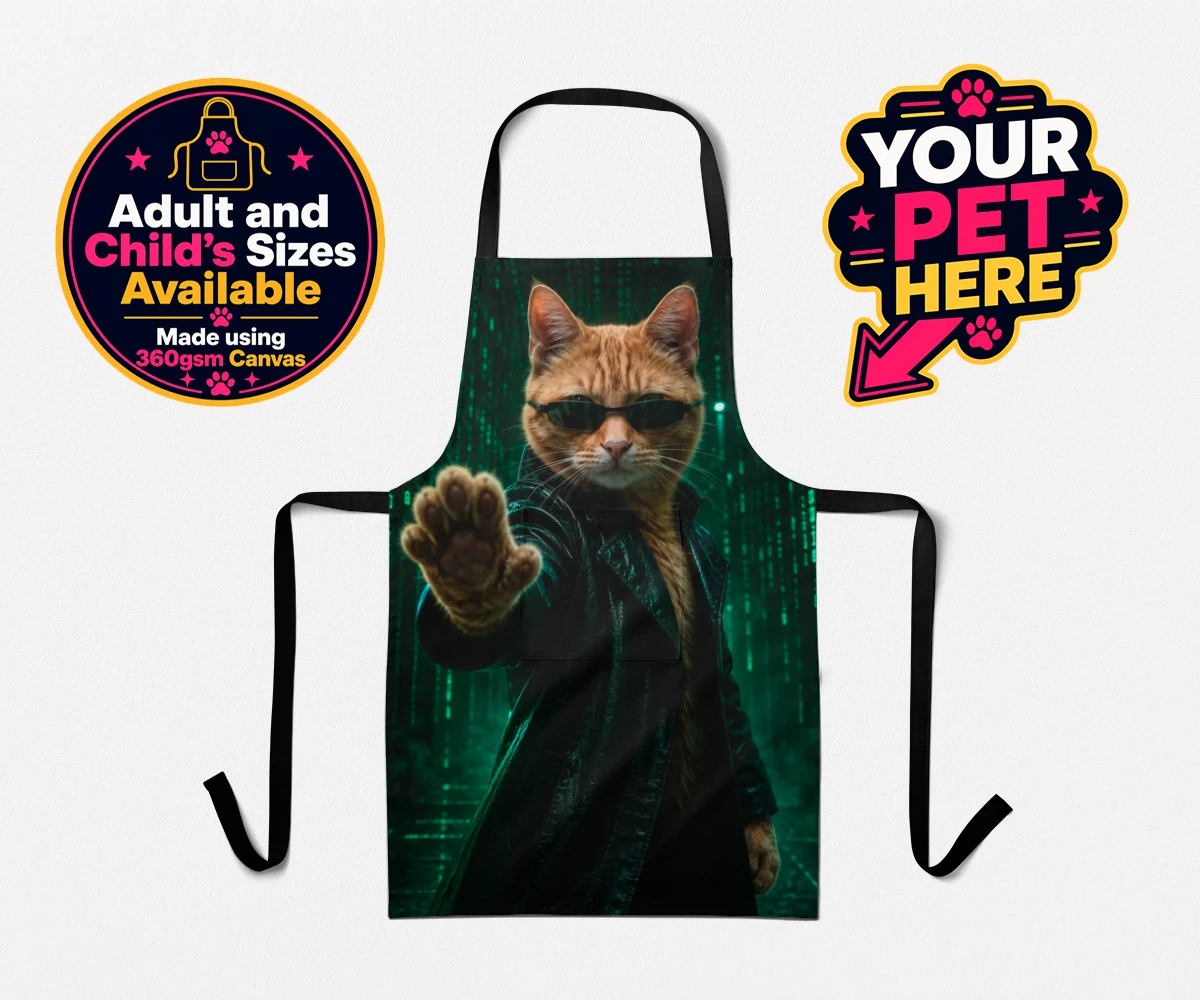 Personalised The Pawtrix cat aprons featuring step into a world where feline charm meets Hollywood glamour with The