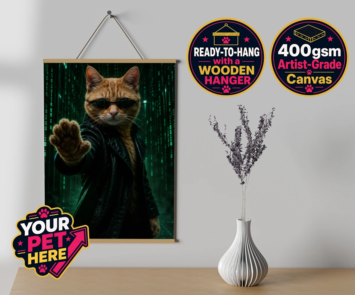 Personalised The Pawtrix cat canvas poster prints with hanger featuring step into a world where feline charm meets Hollywood glamour with The