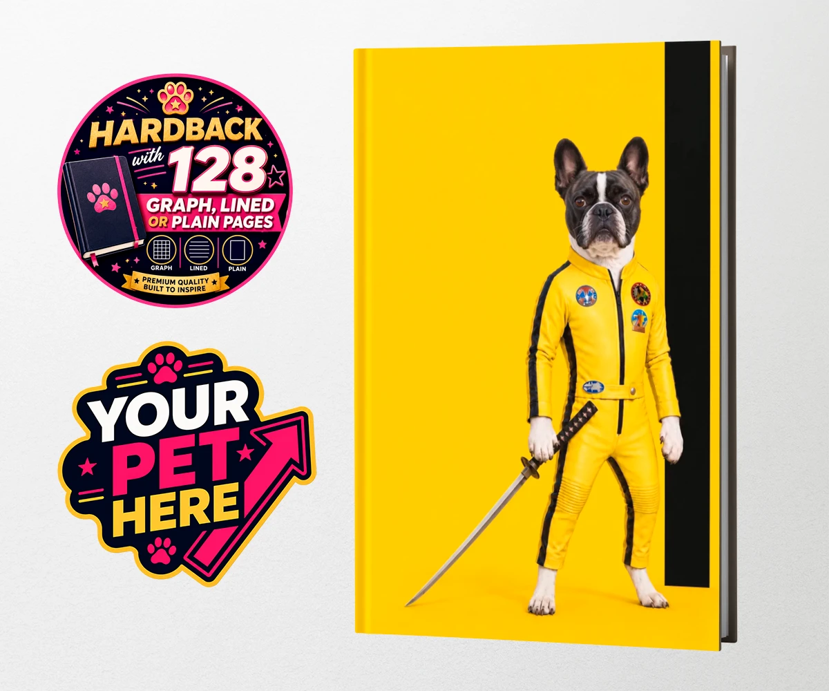 Personalised notebook featuring Kill Squirrel, a French Bulldog in a yellow costume with a sword